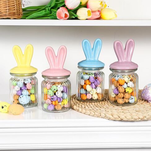 زينة عيد الفصح - 4 قطع من الجرار الزجاجية مع غطاء أذن أرنب من السيراميك - تخزين زجاجي لعيد الفصح لحلوى الشوكولاتة والحلويات هدية صغيرة لتزيين طاولة البيض in Kuwait