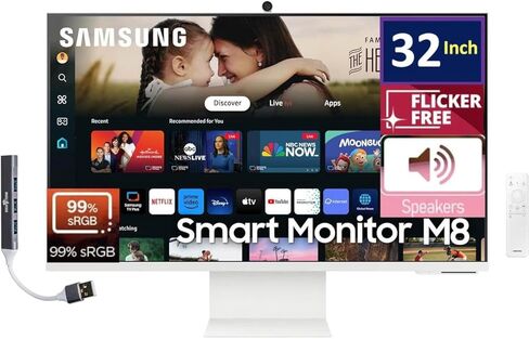 Samsung M8 M80d 32 "4K UHD Smart Monitor مع وقت استجابة 4 مللي ثانية ، إمالة ، وميض خالي ، جدار الجدار (100 × 100 مم) ، HDMI & Dockztorm USB Port Expander ، White (LS32DM801UNXZA) in Saudi Arabia