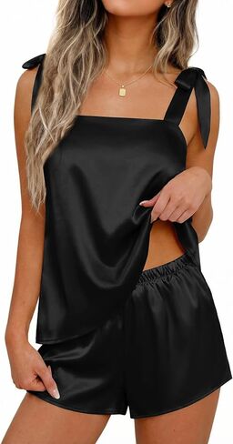 Ekouaer Womens Silk Pajama Set Bow Tie Knot Tank Top Satin Pjs Sets for Bridal Party 2 Piece Cami Shorts Sleepwear S-XXL in Saudi Arabia