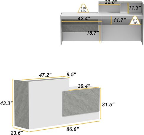 Large Modern Reception Desk, 86.6" Long Business Front Reception Desk with Storage Open Shelves, Office Display Counter Table, Retail Check Out Counter for Office, Salon (White &Grey) in Kuwait