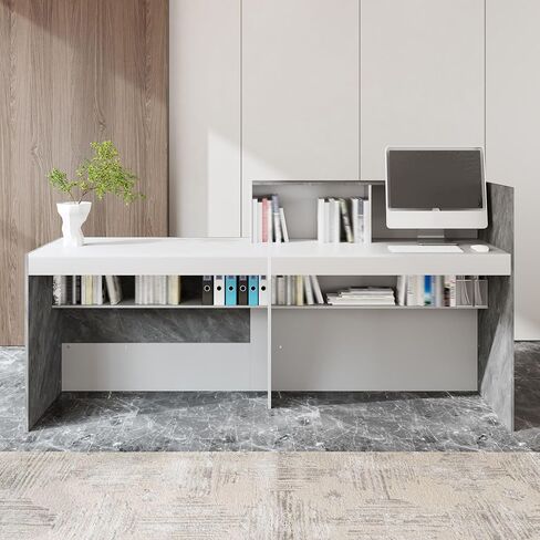 Large Modern Reception Desk, 86.6" Long Business Front Reception Desk with Storage Open Shelves, Office Display Counter Table, Retail Check Out Counter for Office, Salon (White &Grey) in Kuwait