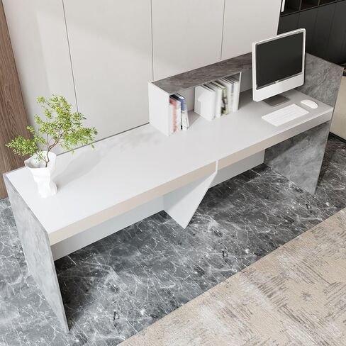 Large Modern Reception Desk, 86.6" Long Business Front Reception Desk with Storage Open Shelves, Office Display Counter Table, Retail Check Out Counter for Office, Salon (White &Grey) in Kuwait