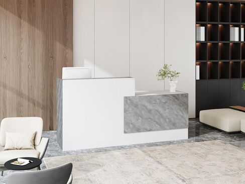 Large Modern Reception Desk, 86.6" Long Business Front Reception Desk with Storage Open Shelves, Office Display Counter Table, Retail Check Out Counter for Office, Salon (White &Grey) in Kuwait