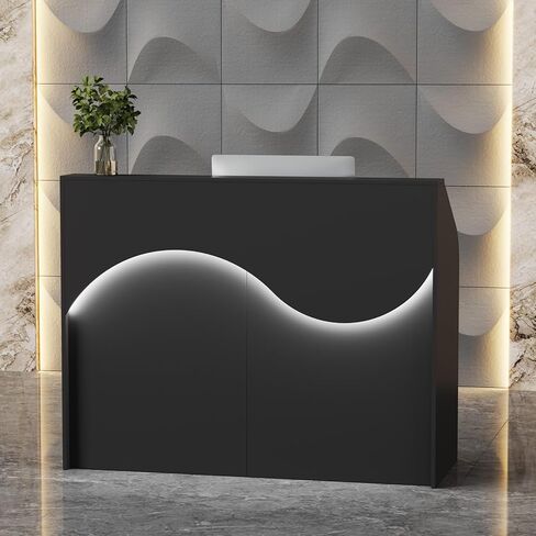 مكتب استقبال حديث مقاس 55.1 بوصة مزود بأضواء LED، مكتب أمامي بتصميم مموج منحني لمتاجر البيع بالتجزئة في مكاتب الصالونات، وعداد الخروج مع أدراج قابلة للقفل ومحطة شحن، باللون الأبيض in Kuwait