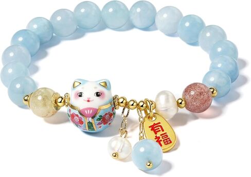 Lucky Cat Bracelet with Blue Crystal, Ceramic Cat Pendant, Feng Shui Good Luck Jewelry for Women, Wealth & Protection Bracelet in Saudi Arabia