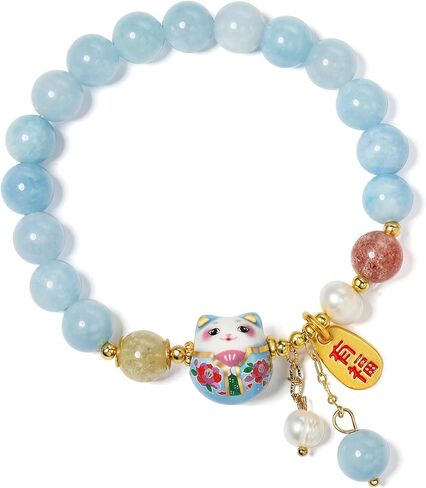 Lucky Cat Bracelet with Blue Crystal, Ceramic Cat Pendant, Feng Shui Good Luck Jewelry for Women, Wealth & Protection Bracelet in Saudi Arabia