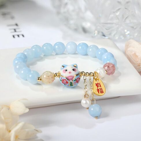 Lucky Cat Bracelet with Blue Crystal, Ceramic Cat Pendant, Feng Shui Good Luck Jewelry for Women, Wealth & Protection Bracelet in Saudi Arabia