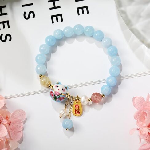 Lucky Cat Bracelet with Blue Crystal, Ceramic Cat Pendant, Feng Shui Good Luck Jewelry for Women, Wealth & Protection Bracelet in Saudi Arabia