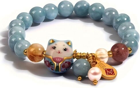 Lucky Cat Bracelet with Blue Crystal, Ceramic Cat Pendant, Feng Shui Good Luck Jewelry for Women, Wealth & Protection Bracelet in Saudi Arabia