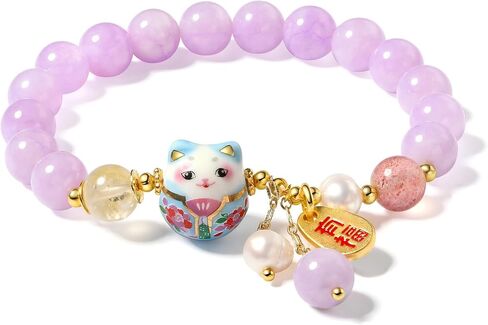 Lucky Cat Bracelet with Blue Crystal, Ceramic Cat Pendant, Feng Shui Good Luck Jewelry for Women, Wealth & Protection Bracelet in Saudi Arabia