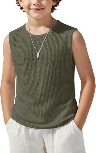 Haloumoning Boys Tank Tops Kids Waffle Knit Sleeveless T-Shirts Crewneck Undershirts 5-14 Years in Saudi Arabia