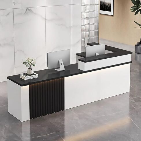 L-Shaped Reception Desk,Modern Reception Counter Retail Checkout Counter with LED Lighting & Lockable Drawers Door Cabinet for Lobby Salon Shop(White+Wood-Left, 70inch/180cm) in Saudi Arabia
