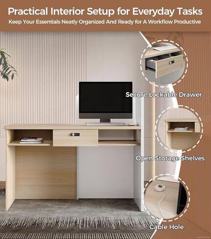 مكتب استقبال صغير مزود بمصابيح LED - مكتب أمامي حديث مقاس 47 بوصة مع درج قابل للقفل وأرفف تخزين ولوحة خصوصية للمكتب والصالون والخروج (أبيض + طبيعي) in Kuwait