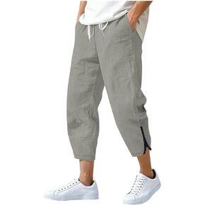 Linen Capri Pants for Men Linen Cropped Pants Loose Casual Capri Wide Leg Plus Size Elastic Waist with Drawstring Pant in Kuwait