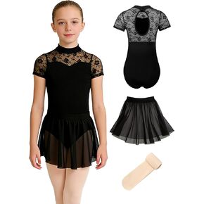 زي رقص أسود للفتيات بأكمام قصيرة من الدانتيل مع تنورة، لباس ضيق باليه، ربطات شعر للجمباز in Kuwait