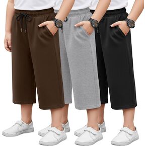 3 Pack Boys Capri Pants Teen Kids Wide Leg Drawstring Joggers Below Knee Shorts 3/4 Baggy Sweatpants with Pockets in Saudi Arabia