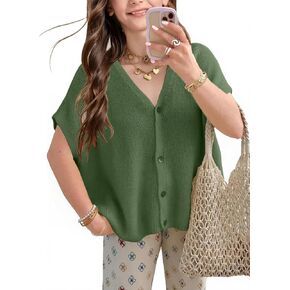 سترة الفتيات بالأزرار قمم الموضة في سن المراهقة الربيع الصيف Batwing قصيرة الأكمام زر خفيفة الوزن عارضة فضفاضة in Kuwait