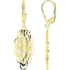 14k Yellow Gold Textured Oval Shaped Filigree Dangle Earrings with Leverback in Saudi Arabia
