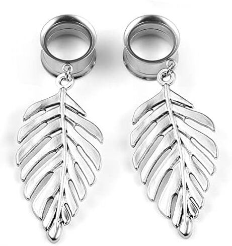 Hanging Metal Feather Ear Gauges - Pair of Stainless Steel Screw-On Plugs - 6 Size Options in Saudi Arabia