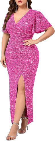 Plus Size Formal Dress High Slit Wrap Wedding Guest Sparkly Evening Wedding Guest Cocktail Gala Party in Saudi Arabia