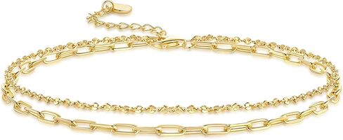14K Gold Anklets for Women Gold Ankle Bracelets for Women Double-Layer Design Delicate Chain Stacked with Paperclip Link Anklets for Womens ankles bracelets in Saudi Arabia
