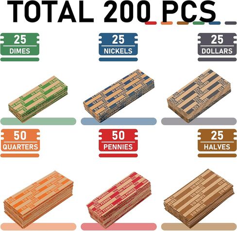 L LIKED 200-Count Assorted Coin Roll Wrappers - Fits Pennies, Nickels, Dimes, Quarters, Dollars & Halves in Kuwait
