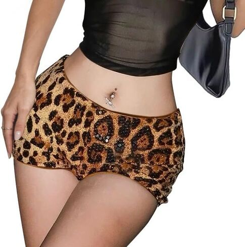 Womens Skinny Leopard Shorts Sequin Sparkly Low Rise Sexy Y2k Micro Bottoms Club Rave Party Hot Pants in Saudi Arabia
