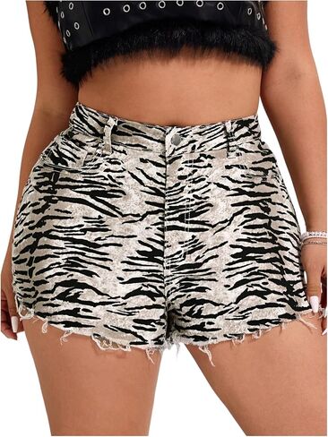 شورت MakeMeChic نسائي من قماش الدنيم بمقاس كبير وطباعة مخططة حمار وحشي وخصر عالي خام Y2k Jorts in Kuwait