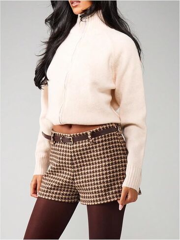 شورت قصير نسائي قصير بحزام ومطبوع بنقشة Houndstooth من MakeMeChic، شورت شتوي صغير بأرجل مستقيمة in Saudi Arabia