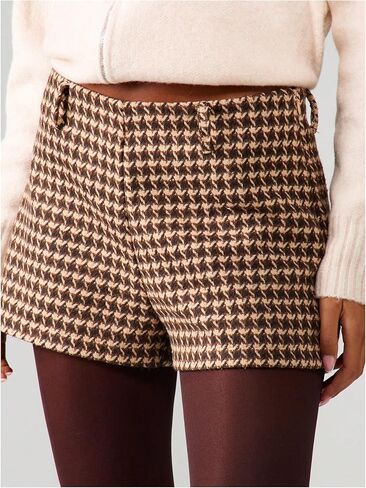 شورت قصير نسائي قصير بحزام ومطبوع بنقشة Houndstooth من MakeMeChic، شورت شتوي صغير بأرجل مستقيمة in Saudi Arabia