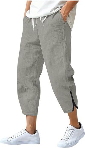Linen Capri Pants for Men Linen Cropped Pants Loose Casual Capri Wide Leg Plus Size Elastic Waist with Drawstring Pant in Saudi Arabia