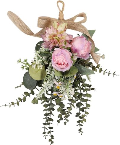 Artificial Floral Swag Chrysanthemum Eucalyptus Wreath Hanger Decoration Floral Flower Teardrop Wreath for Backyard Gift Cafe, Purple in Kuwait