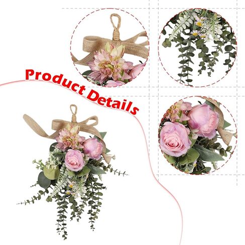 Artificial Floral Swag Chrysanthemum Eucalyptus Wreath Hanger Decoration Floral Flower Teardrop Wreath for Backyard Gift Cafe, Purple in Kuwait