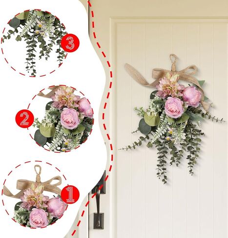 Artificial Floral Swag Chrysanthemum Eucalyptus Wreath Hanger Decoration Floral Flower Teardrop Wreath for Backyard Gift Cafe, Purple in Kuwait