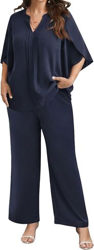 Theenkoln Plus Size Pantsuits:2 Piece Sets for Women Dressy 3/4 Sleeve Blouse Wide Leg Pant for Work Dinner Wedding Guest in Saudi Arabia