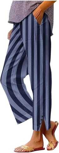 Womens Striped Capri Pants Petite Loose Fit Elastic High Waist Trousers Summer Beach Vacation Pants with Pockets in Saudi Arabia