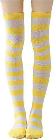 VIGUEUR Striped Thigh High Socks, Over the Knee Knit Stockings, Elastic Leg Warmers, Yellow and White in Saudi Arabia
