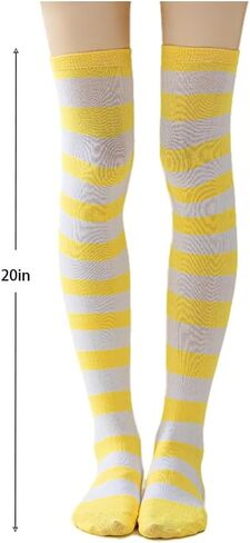 VIGUEUR Striped Thigh High Socks, Over the Knee Knit Stockings, Elastic Leg Warmers, Yellow and White in Saudi Arabia