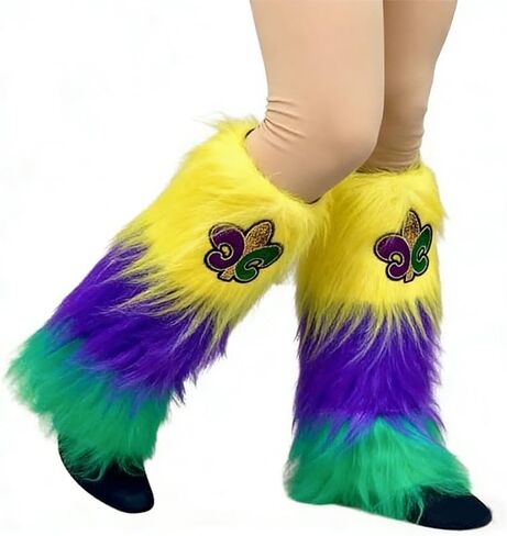 Fuzzy mardi gras Leg Warmers with Fleur De Lis, Purple Green Yellow Faux Fur Leg Covers, mardi gras Outfit for Women mardi gras Costume Accessories for Party Dress Up in Saudi Arabia
