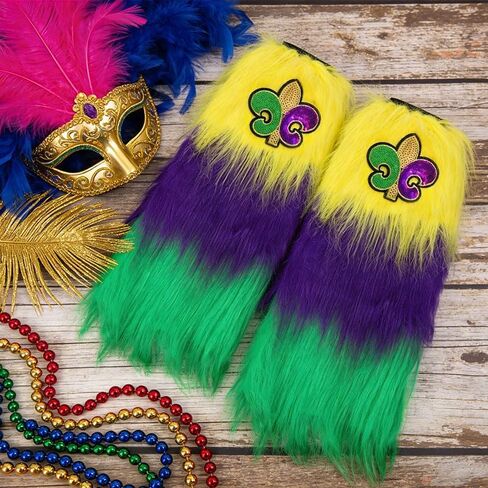 Fuzzy mardi gras Leg Warmers with Fleur De Lis, Purple Green Yellow Faux Fur Leg Covers, mardi gras Outfit for Women mardi gras Costume Accessories for Party Dress Up in Saudi Arabia