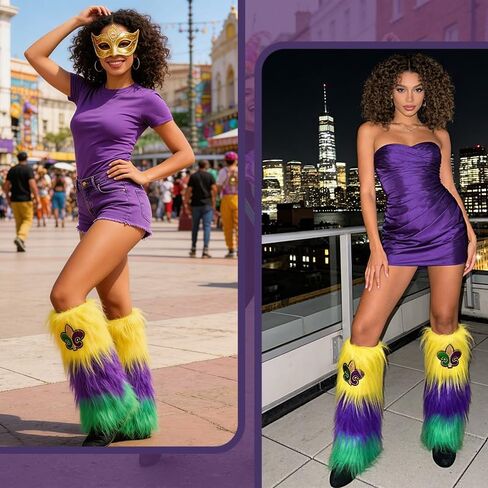 Fuzzy mardi gras Leg Warmers with Fleur De Lis, Purple Green Yellow Faux Fur Leg Covers, mardi gras Outfit for Women mardi gras Costume Accessories for Party Dress Up in Saudi Arabia