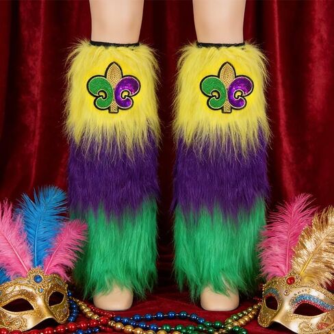 Fuzzy mardi gras Leg Warmers with Fleur De Lis, Purple Green Yellow Faux Fur Leg Covers, mardi gras Outfit for Women mardi gras Costume Accessories for Party Dress Up in Saudi Arabia