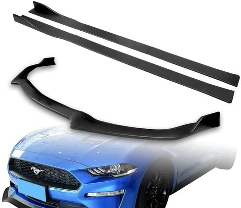 ممتص الصدمات الأمامي من HYPERSPEED شفة + تنورة جانبية تمديد لوحة الروك الفاصل الناشر ABS GT-Style مناسب لـ 2018 2019 2020 2021 2022 2023 Ford Mustang 2-DR (أسود غير لامع، 86 بوصة × 4 بوصة، 9 قطع) in Kuwait
