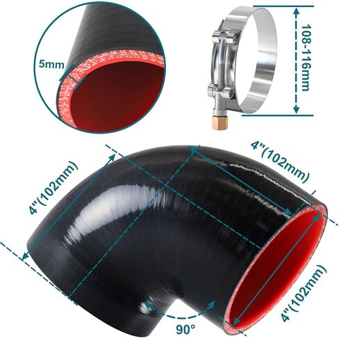90 Degree Elbow ID4"(102mm) Silicone Hose Coupler, Reinforced 4-layer Wall 5mm with 2PCS T-bolt Clamps for Cold Air Intake, Turbo, Intercooler, 4"leg Length(102mm) Automotive Radiator Hose in Saudi Arabia