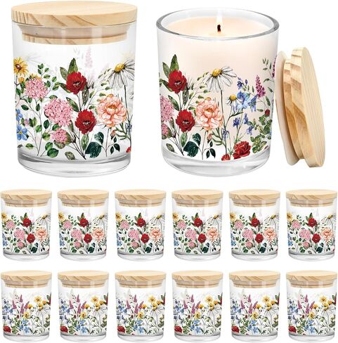 Whaline 12Pcs Wildflower Empty Candle Jar with Wooden Lid 7 oz Spring Floral Glass Candle Container for Candles Making Storing Kitchen Table Centerpiece Decoration in Saudi Arabia