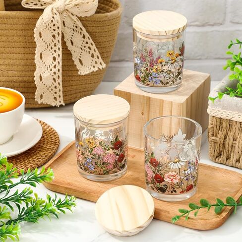 Whaline 12Pcs Wildflower Empty Candle Jar with Wooden Lid 7 oz Spring Floral Glass Candle Container for Candles Making Storing Kitchen Table Centerpiece Decoration in Saudi Arabia