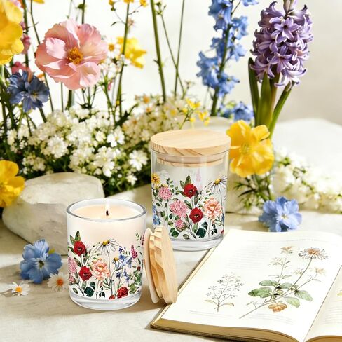 Whaline 12Pcs Wildflower Empty Candle Jar with Wooden Lid 7 oz Spring Floral Glass Candle Container for Candles Making Storing Kitchen Table Centerpiece Decoration in Saudi Arabia