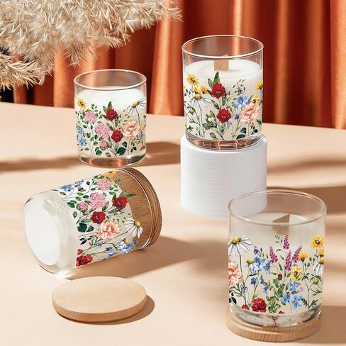 Whaline 12Pcs Wildflower Empty Candle Jar with Wooden Lid 7 oz Spring Floral Glass Candle Container for Candles Making Storing Kitchen Table Centerpiece Decoration in Saudi Arabia