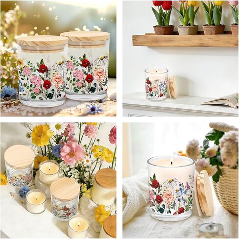 Whaline 12Pcs Wildflower Empty Candle Jar with Wooden Lid 7 oz Spring Floral Glass Candle Container for Candles Making Storing Kitchen Table Centerpiece Decoration in Saudi Arabia