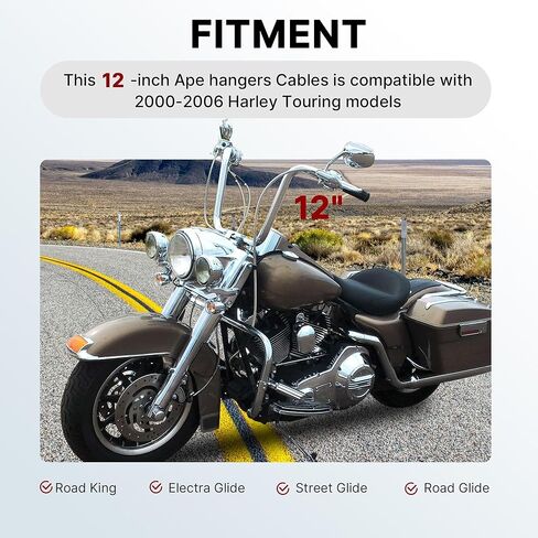 طقم كابلات Touring Ape Hangers بطول 12 بوصة، كابل القابض الممتد وكابلات الخانق والخمول وخط الفرامل وCAN-Bus لـ 2000-2006 Harley Touring بدون ABS، كروم in Saudi Arabia